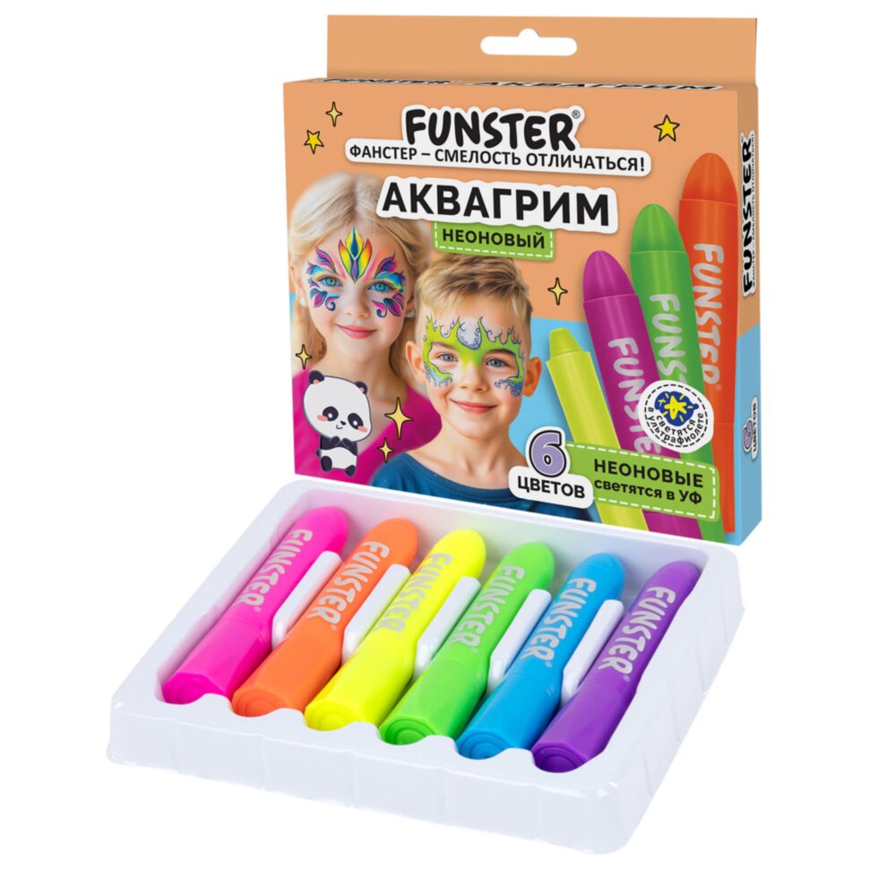 Аквагрим для лица и тела, 6 НЕОНОВЫХ цветов, FUNSTER (ФАНСТЕР), легко смываются, 192573, 192573