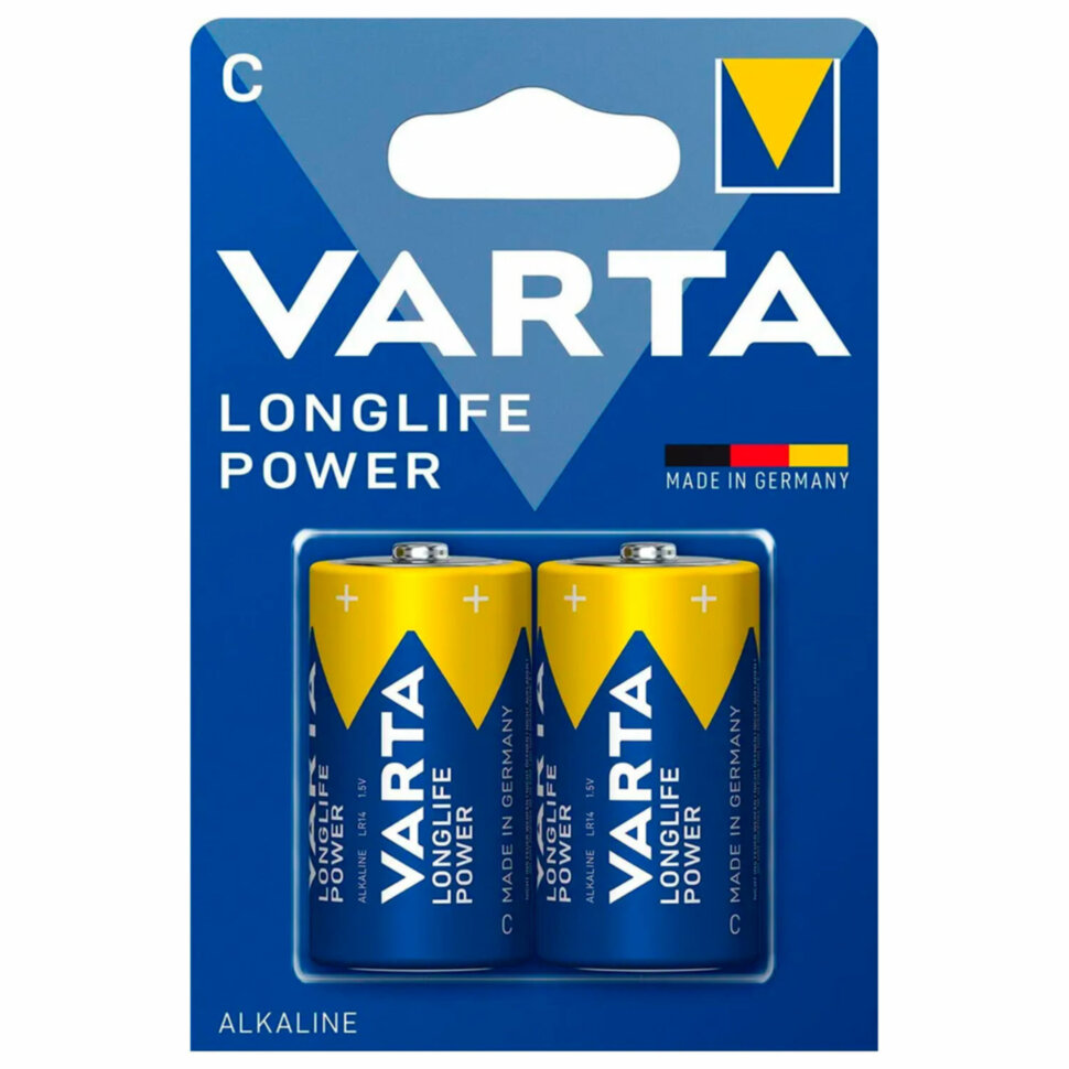 Батарейки алкалиновые КОМПЛЕКТ 2 шт., VARTA LONGLIFE POWER, C (LR14, 14А), блистер, 4914121412, 457410