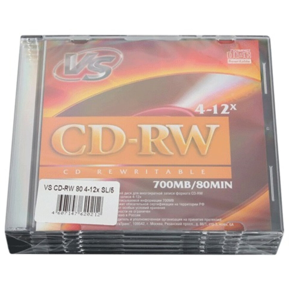 Диск CD-RW VS 700 Mb, 4-12x, Slim Case, КОМПЛЕКТ 5 шт., VSCDRWSL501, 511545