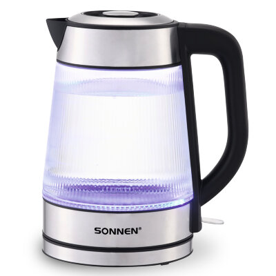 Чайник электрический SONNEN KT-6801, 1,8 л, 2200 Вт, термостойкое стекло текстура полоска, внутренняя подсветка синяя, нерж. сталь, 455143, 455143