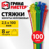 Хомуты-стяжки нейлоновые сверхпрочные ЦВЕТНЫЕ, 2,5х100 мм, КОМПЛЕКТ 4 цвета, 100 шт., ГРАНДМАСТЕР, 702190, 702190