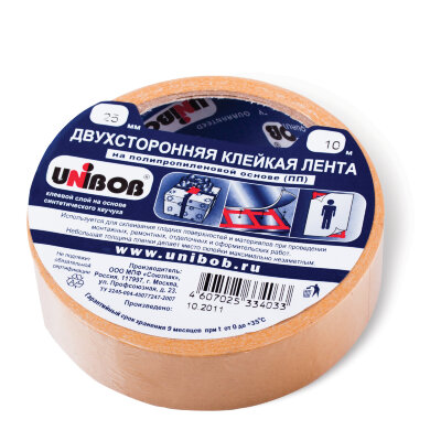 Клейкая двухсторонняя лента 25 мм х 10 м, ПОЛИПРОПИЛЕНОВАЯ ОСНОВА, UNIBOB, 38915, 600852