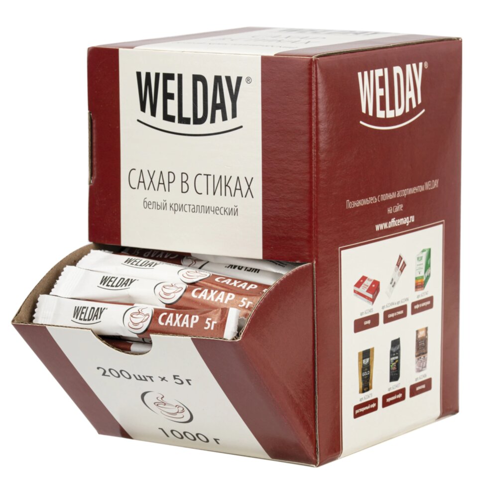 Сахар порционный OFFICE-BOX WELDAY (ВЭЛДЭЙ) в стиках по 5 г, 200 штук, 1 кг, 624095, 624095