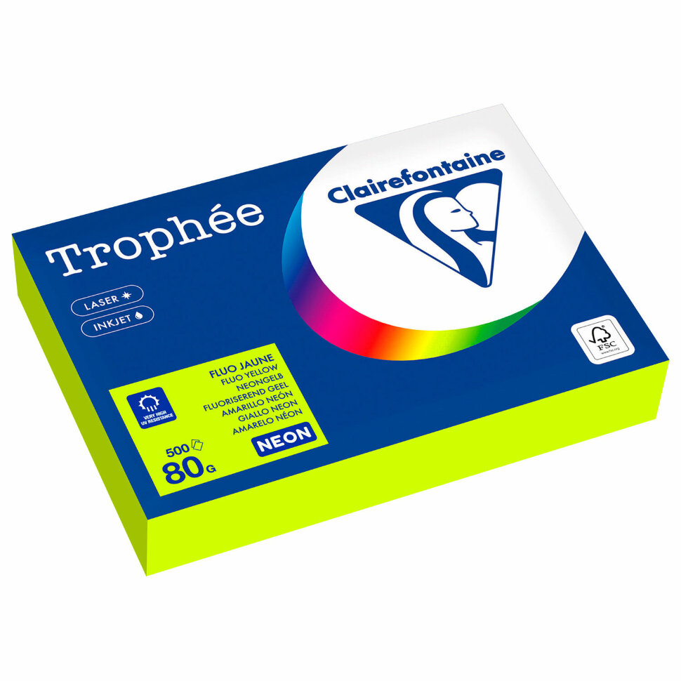 Бумага цветная CLAIREFONTAINE, А4, 80 г/м2, 500 л., неон, желтый, Франция, 2977PC, 116725