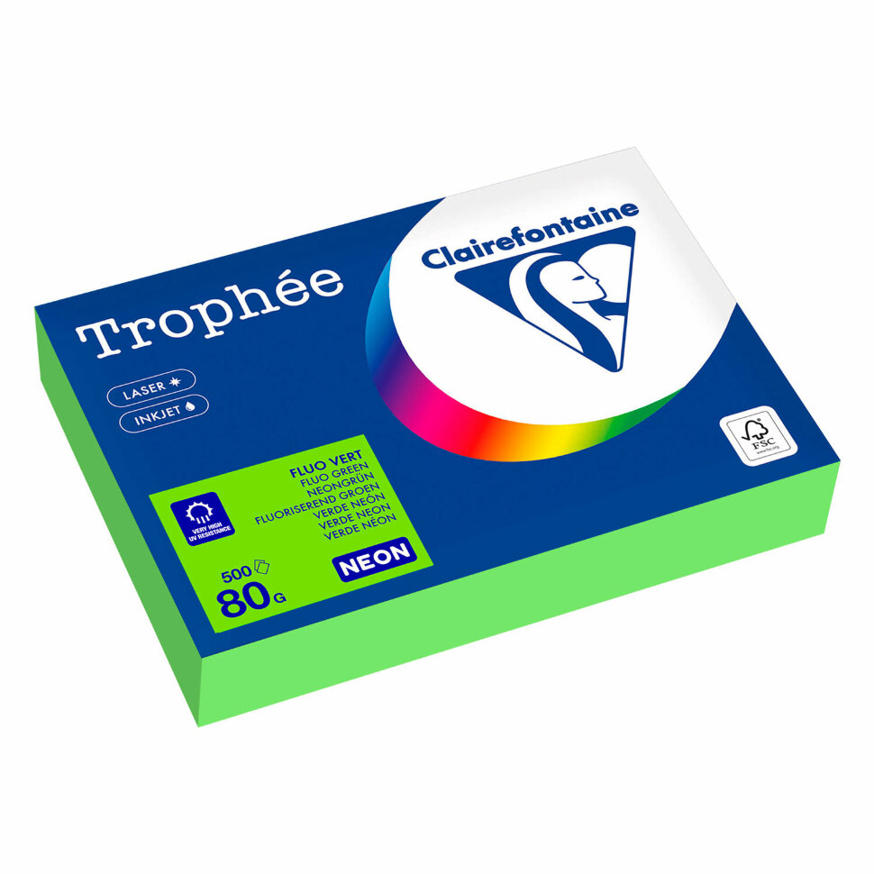 Бумага цветная CLAIREFONTAINE, А4, 80 г/м2, 500 л., неон, зеленый, Франция, 2975C, 2975PC, 116726