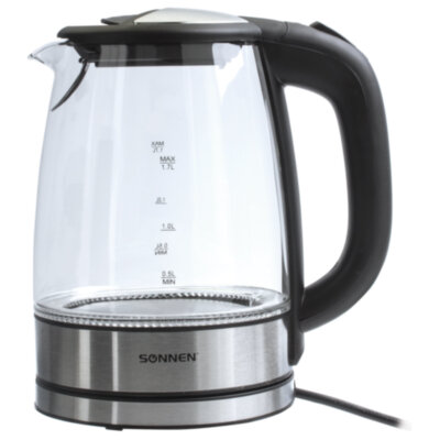 Чайник SONNEN KT-1788, 1,7 л, 2200 Вт, закрытый нагревательный элемент, стекло, черный, подсветка, 454349, 454349