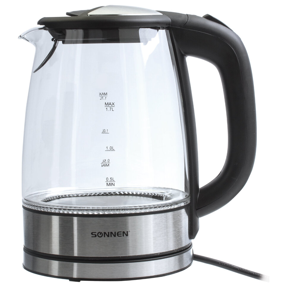 Чайник SONNEN KT-1788, 1,7 л, 2200 Вт, закрытый нагревательный элемент, стекло, черный, подсветка, 454349, 454349