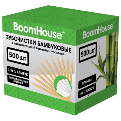Зубочистки бамбуковые 500 шт. в индивидуальной бумажной упаковке, BOOMHOUSE (БУМХАУС), 701953, 701953
