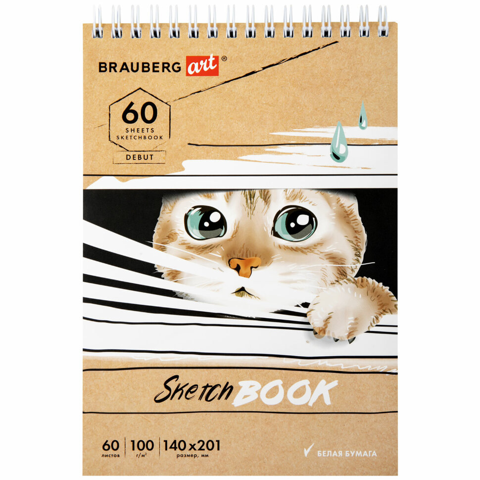Скетчбук, белая бумага 100 г/м2, 140х201 мм, 60 л., гребень, жёсткая подложка, BRAUBERG ART DEBUT, "Котик!", 115062, 115062