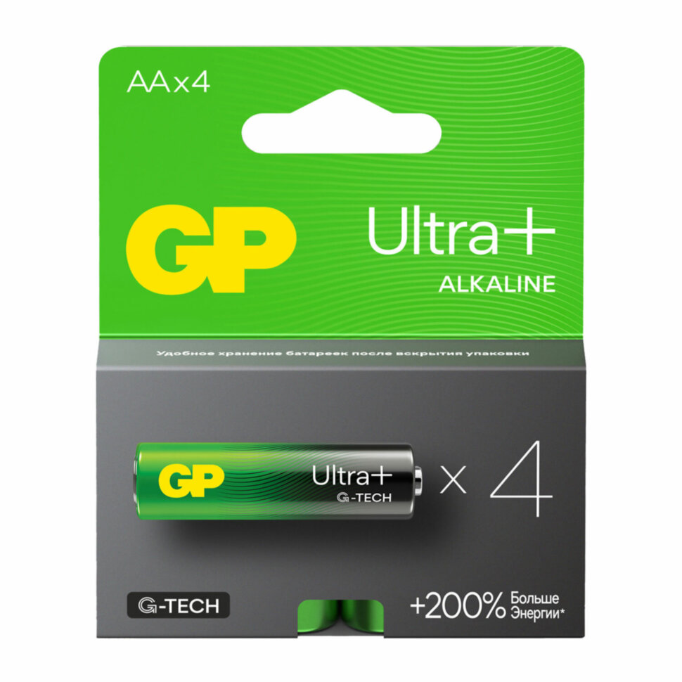 Батарейки КОМПЛЕКТ 4 шт., GP Ultra Plus G-Tech, AA (LR6), алкалиновые, пальчиковые, 15AUPA21-2CRSB4, 454095