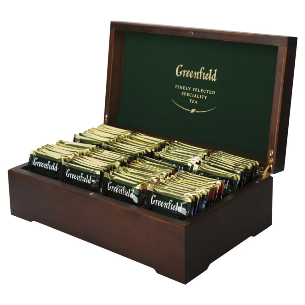 Чай GREENFIELD ассорти 8 вкусов в деревянной шкатулке, НАБОР 96 пакетиков, 0463-10, 620745
