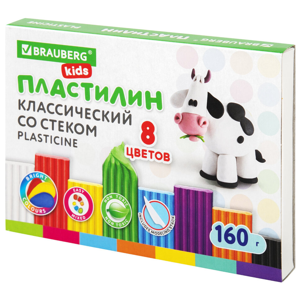 Пластилин классический BRAUBERG KIDS, 8 цветов, 160 г, со стеком, 106501, 106501