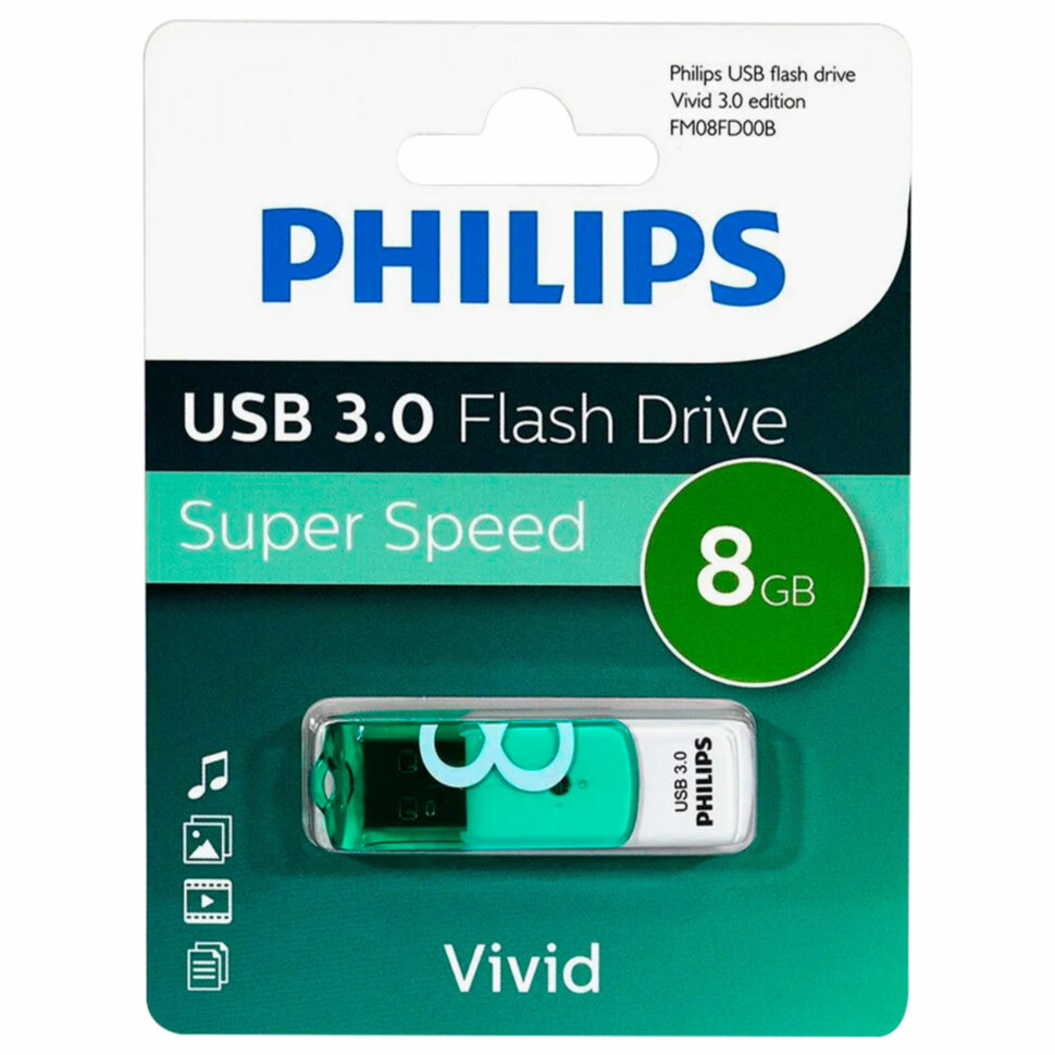 Флеш-диск 8 GB PHILIPS VIVID, разъем USB 3.0, зеленый, FM08FD00B/97, 514093