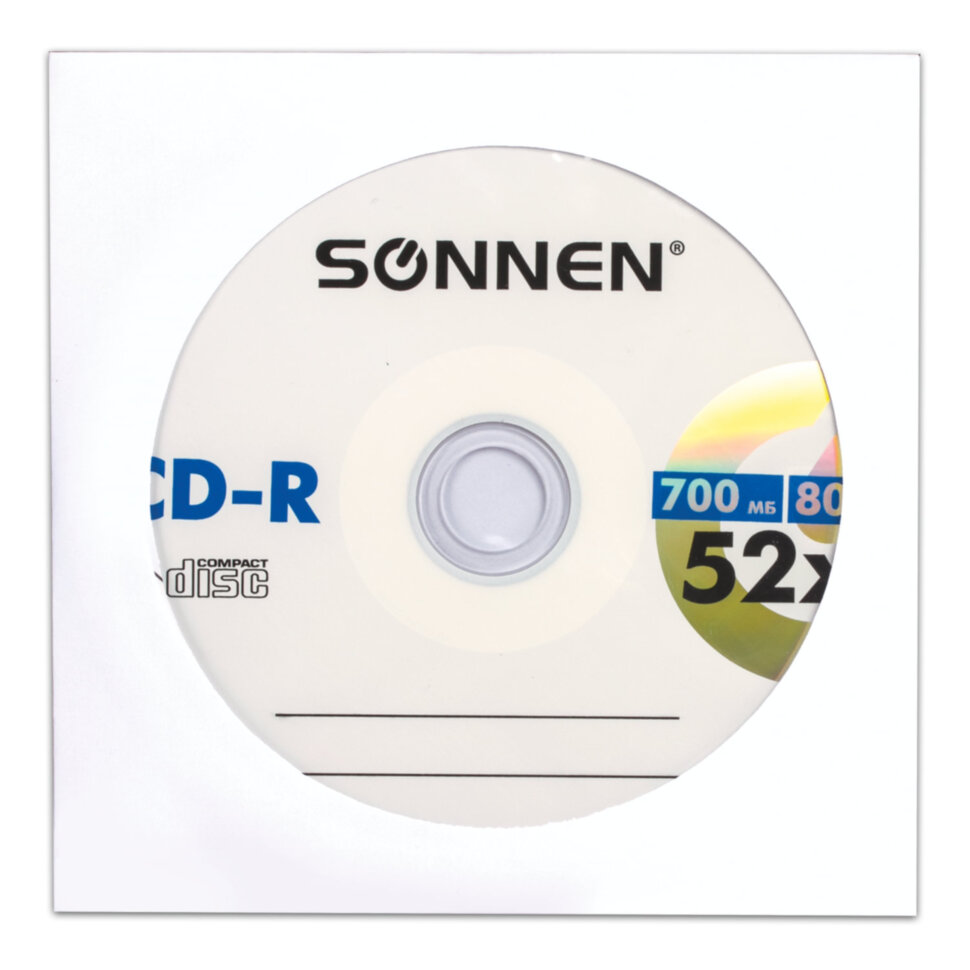 Диск CD-R SONNEN, 700 Mb, 52x, бумажный конверт (1 штука), 512573, 512573