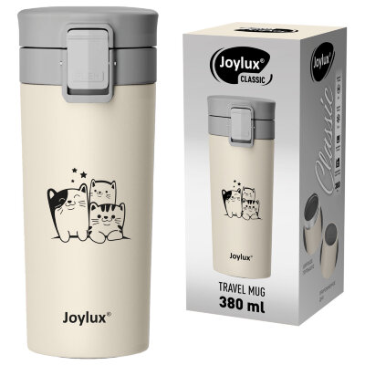 Термокружка 380 мл JOYLUX (ДЖОЙЛЮКС) CLASSIC CAT, нержавеющая сталь SUS304, бежевый с принтом, 700272, 700272