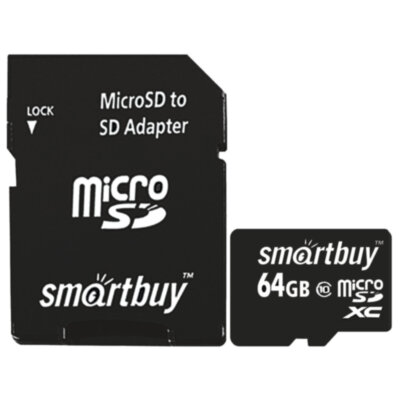 Карта памяти micro SDXC, 64 GB, SMARTBUY, 10 Мб/сек. (class 10), с адаптером, SB64GBSDCL10-01, 512808