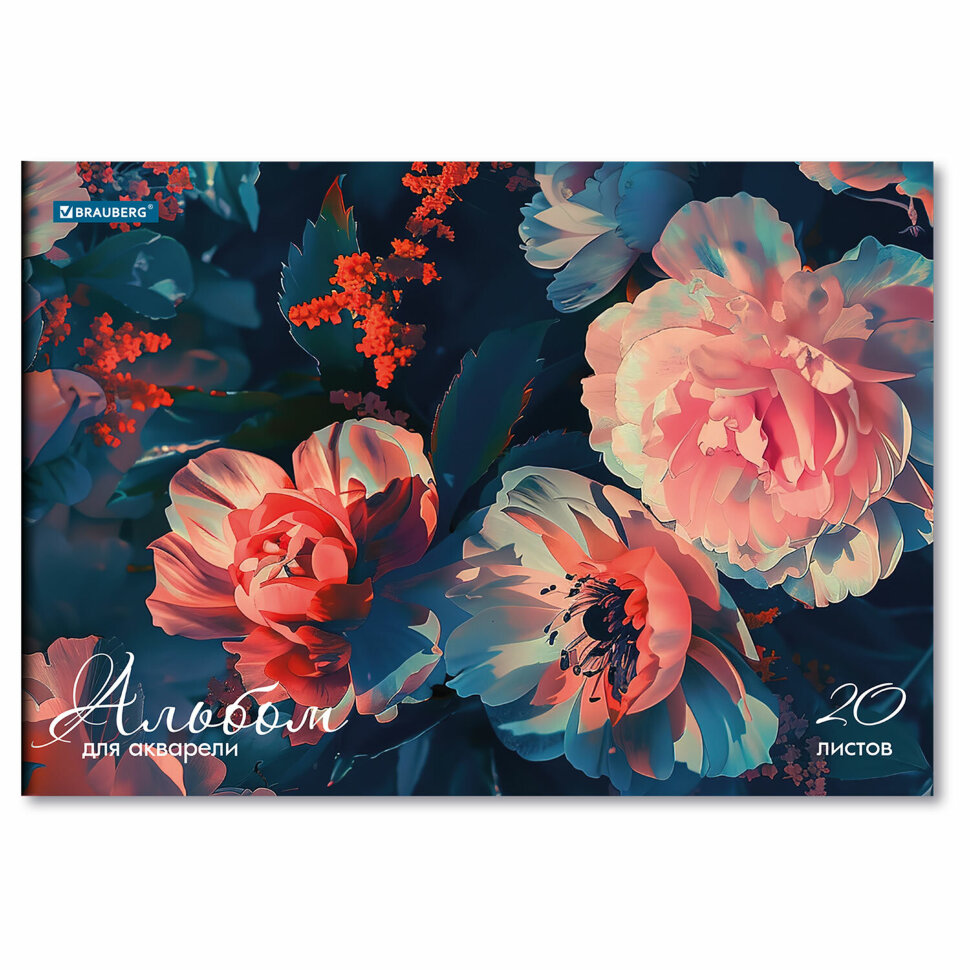 Альбом для акварели А4, 20 л., бумага 200 г/м2, склейка, обложка картон, BRAUBERG, "Пионы", 107129, 107129