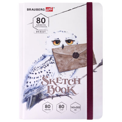 Скетчбук, белая бумага 80 г/м2, 145х203 мм, 80 л., резинка, твердый, BRAUBERG ART DEBUT "Хогвартс", 114581, 114581