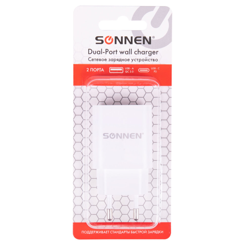 Зарядное устройство быстрое сетевое (220 В) SONNEN, USB QC 3.0 + Type-C PD 20 Вт, 3 А, белое, 455505, 455505