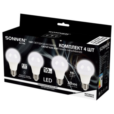 Лампа светодиодная SONNEN EXTRA, 10 (85) Вт, КОМПЛЕКТ 4 шт., Е27, нейтральный белый, 30000 ч, LED A60-10W-4000-Е27, 457893, 457893