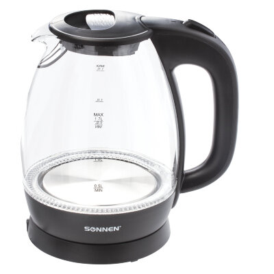 Чайник SONNEN KT-1786, 1,7 л, 2200 Вт, закрытый нагревательный элемент, стекло, 453422, 453422