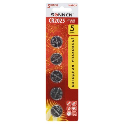 Батарейки литиевые SONNEN Lithium CR2025, "таблетки, дисковые, кнопочные", КОМПЛЕКТ 5 шт., блистер, 457140, 457140