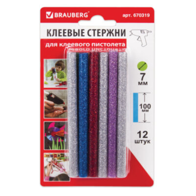 Клеевые стержни, диаметр 7 мм, длина 100 мм, цветные (ассорти), С БЛЕСТКАМИ, КОМПЛЕКТ 12 шт., 6 цветов, BRAUBERG, 670319, 670319