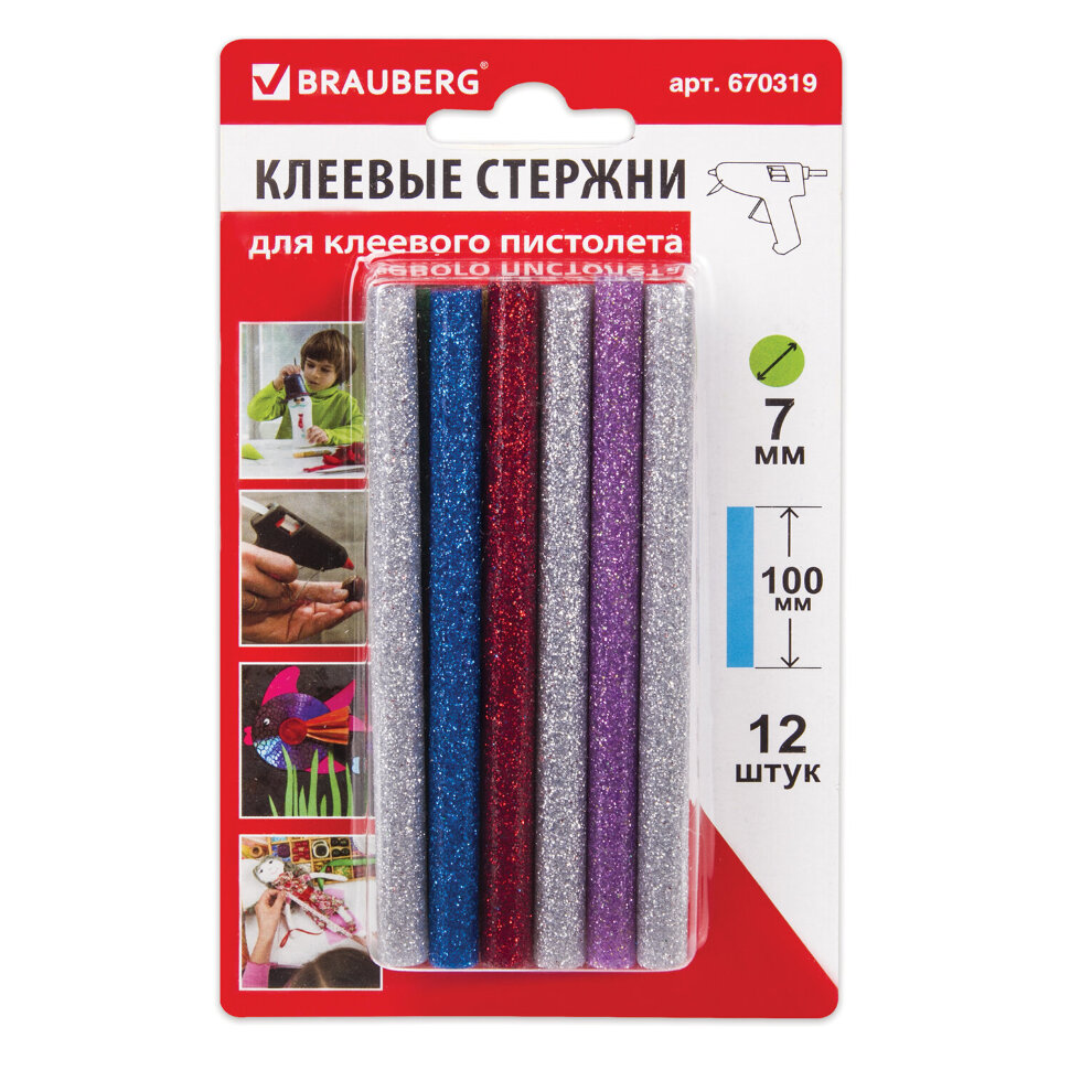 Клеевые стержни, диаметр 7 мм, длина 100 мм, цветные (ассорти), С БЛЕСТКАМИ, КОМПЛЕКТ 12 шт., 6 цветов, BRAUBERG, 670319, 670319