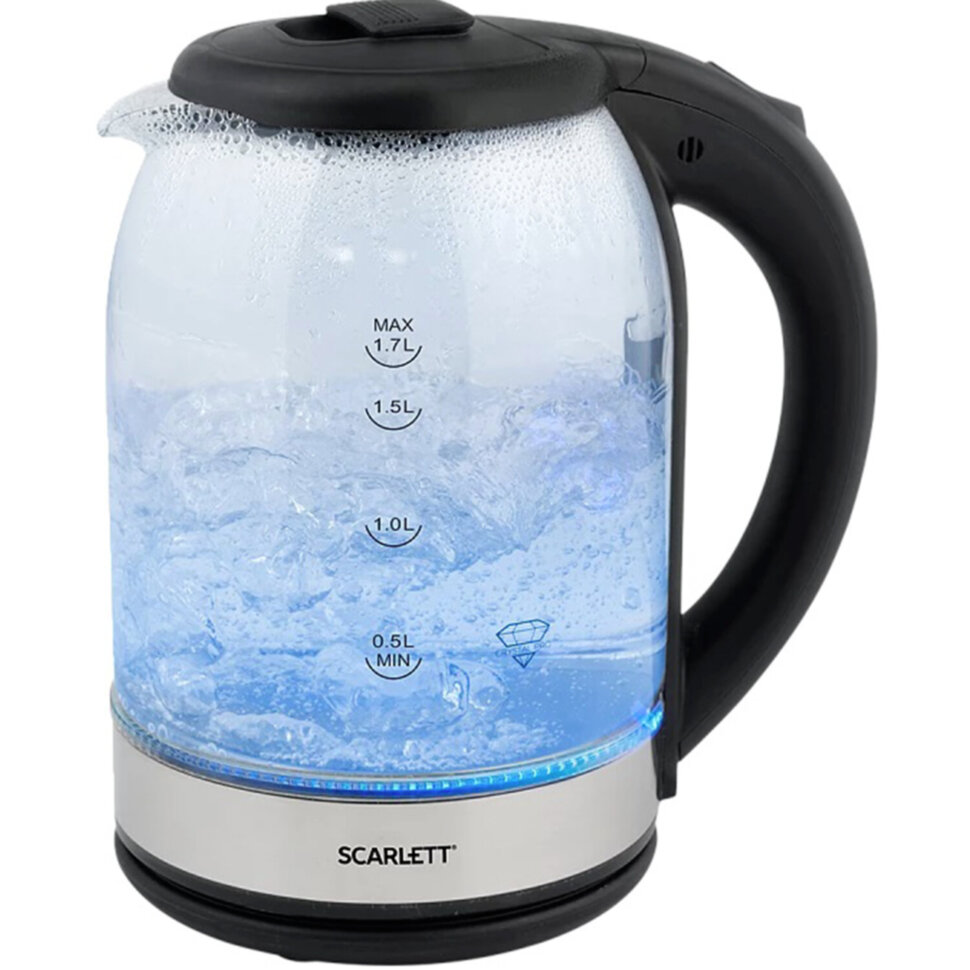 Чайник SCARLETT SC-EK27G10, 1,7 л, 1800 Вт, закрытый нагревательный элемент, стекло, черный, 457206