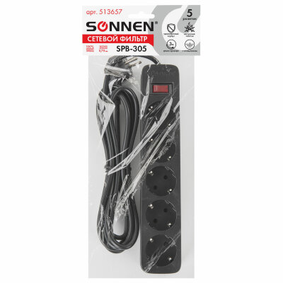 Сетевой фильтр SONNEN SPB-305, 5 розеток с заземлением, выключатель, 10 А, 3 м, черный, 513657, 513657