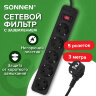 Сетевой фильтр SONNEN SPB-305, 5 розеток с заземлением, выключатель, 10 А, 3 м, черный, 513657, 513657