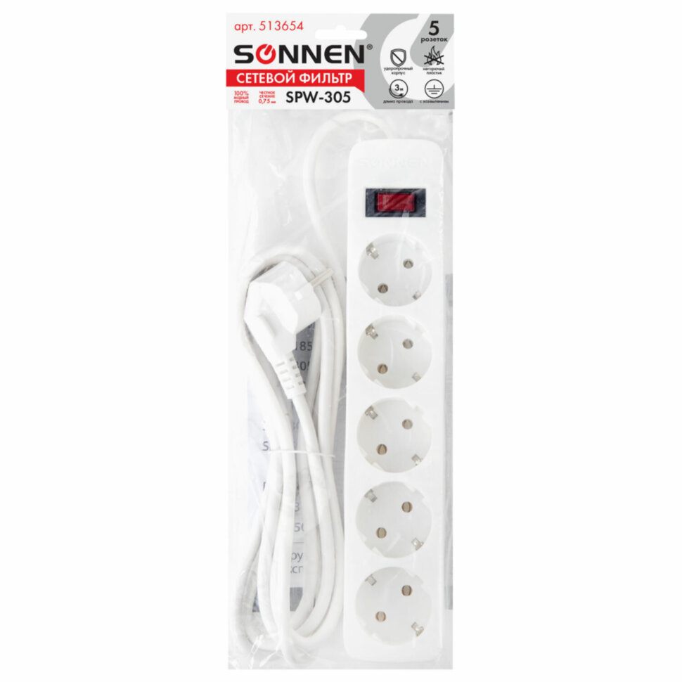 Сетевой фильтр SONNEN SPW-305, 5 розеток с заземлением, выключатель, 10 А, 3 м, белый, 513654, 513654
