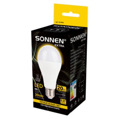 Лампа светодиодная SONNEN EXTRA, 20 (150) Вт, Е27, груша, теплый белый, 30000 ч, LED A65-20W-2700-Е27, 457898, 457898