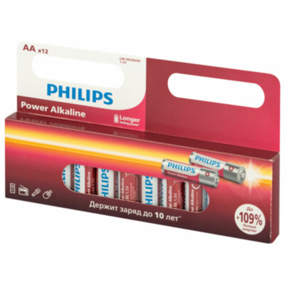 Батарейки алкалиновые "пальчиковые" КОМПЛЕКТ 12 шт., PHILIPS Power Alkaline, АА (LR6, 24А), блистер, Б0064661, 457394