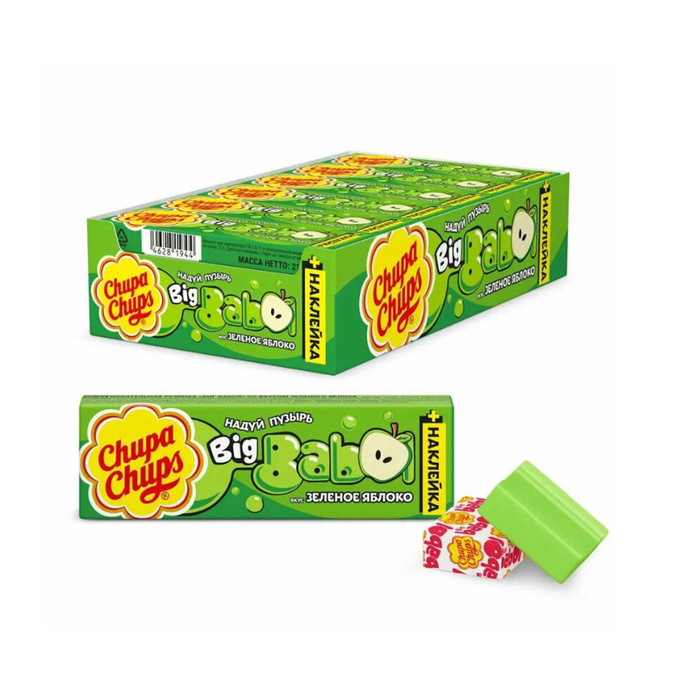 Жевательная резинка CHUPA CHUPS (ЧУПА-ЧУПС) "Биг Бабол Зеленое Яблоко", 20 г, 24 штук, 624666