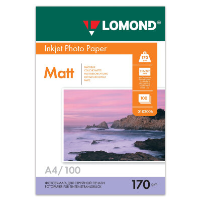 Фотобумага матовая, А4, 170 г/м2, двусторонняя, 100 листов, LOMOND, 0102006, 361577