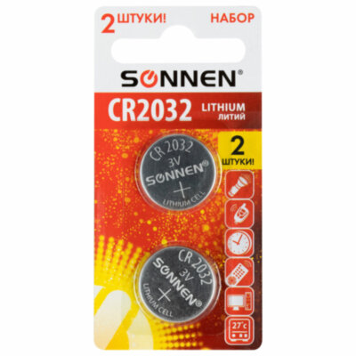 Батарейки литиевые SONNEN Lithium CR2032, "таблетки, дисковые, кнопочные", КОМПЛЕКТ 2 шт., блистер, 457141, 457141