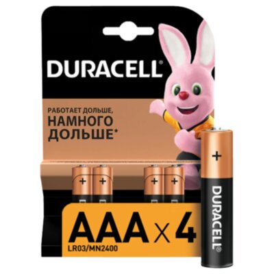 Батарейки КОМПЛЕКТ 4 шт., DURACELL Basic ОРИГИНАЛ, AAA (LR03, 24А), алкалиновые, мизинчиковые, MN 2400 AAA LR3, 450403