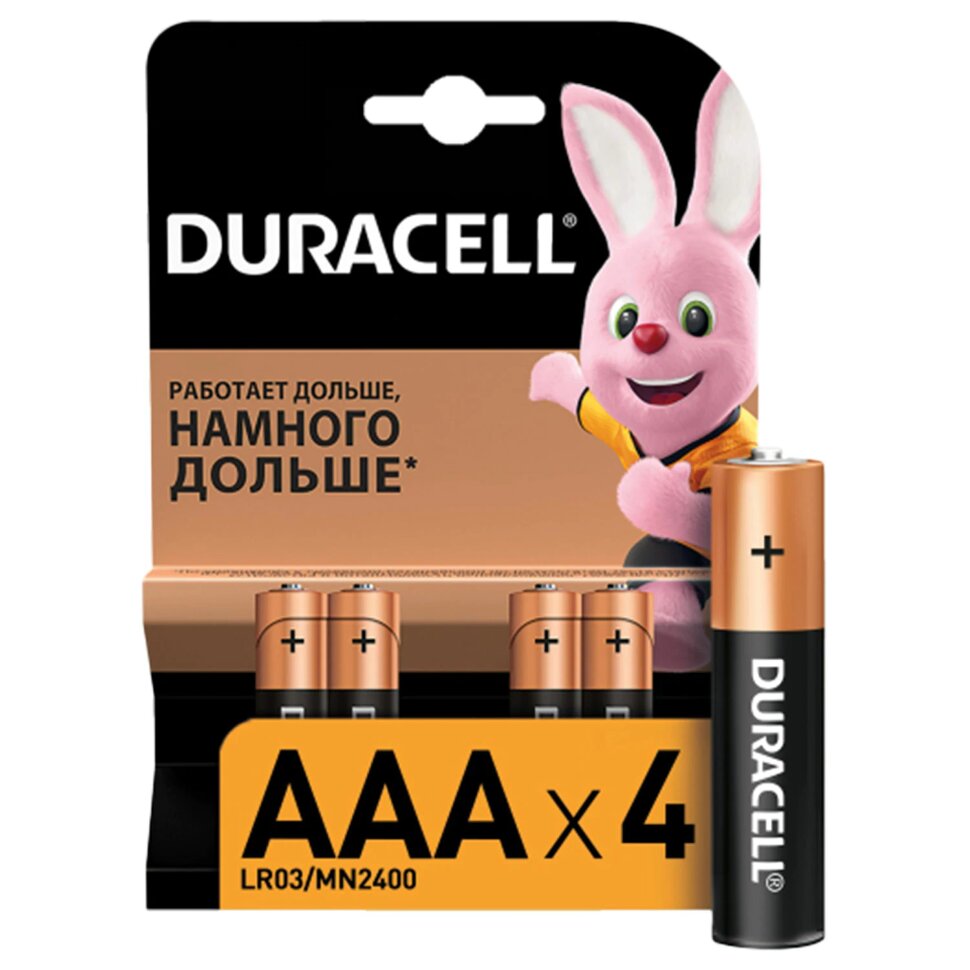 Батарейки КОМПЛЕКТ 4 шт., DURACELL Basic ОРИГИНАЛ, AAA (LR03, 24А), алкалиновые, мизинчиковые, MN 2400 AAA LR3, 450403