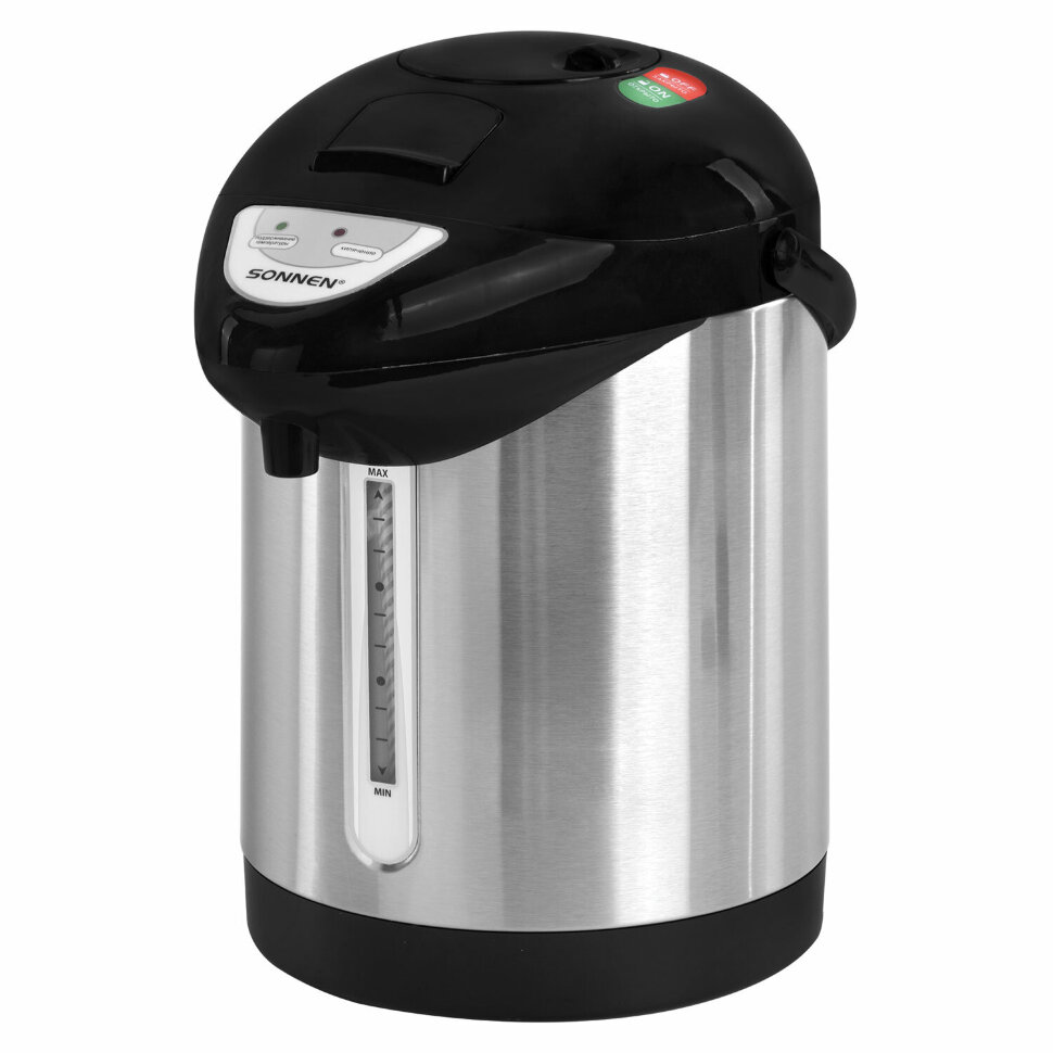 Термопот SONNEN TP-28, 3 л, 900 Вт, 1 температурный режим, ручной насос, сталь, черный/серебро, 456712, 456712