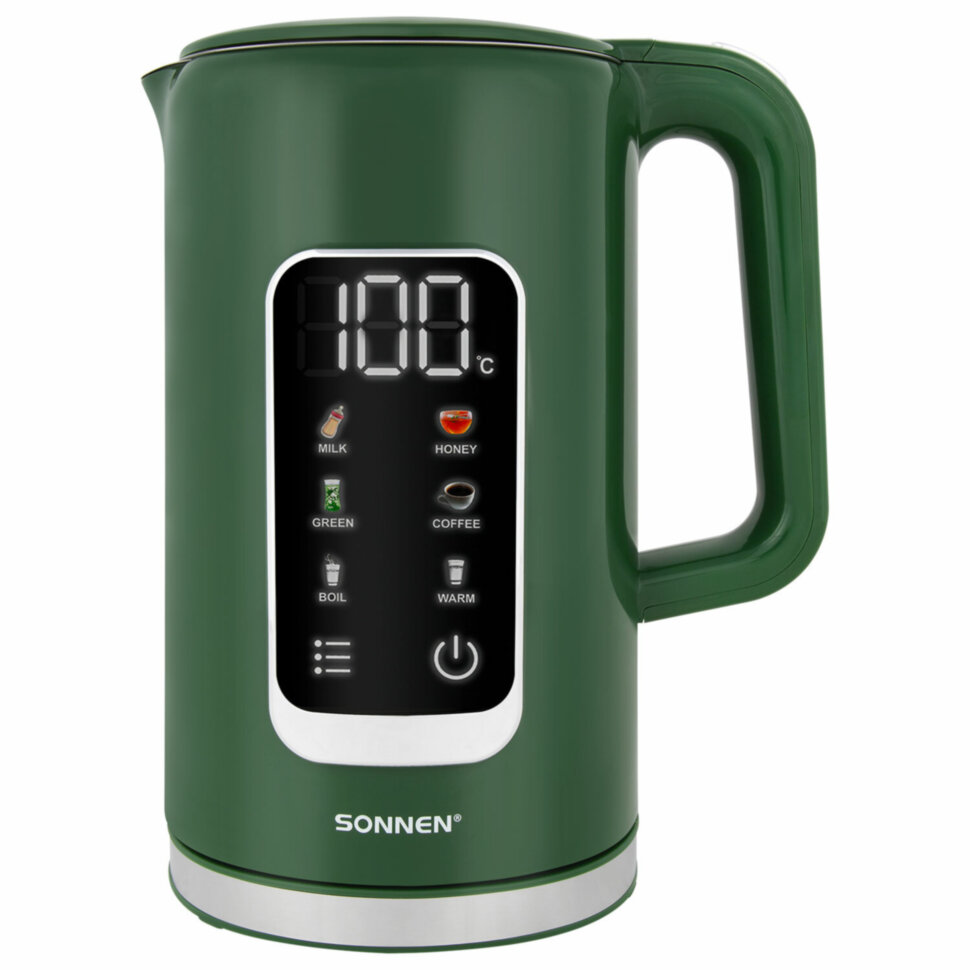 Чайник с терморегулятором и дисплеем, ДВОЙНЫЕ СТЕНКИ, SONNEN KT-8723EG, 1,7 л, 2200 Вт, изумрудный, 454689, 454689