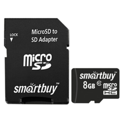 Карта памяти micro SDHC, 8 GB, SMARTBUY, 10 Мб/сек. (class 10), с адаптером, SB8GBSDCL10-01, 512805