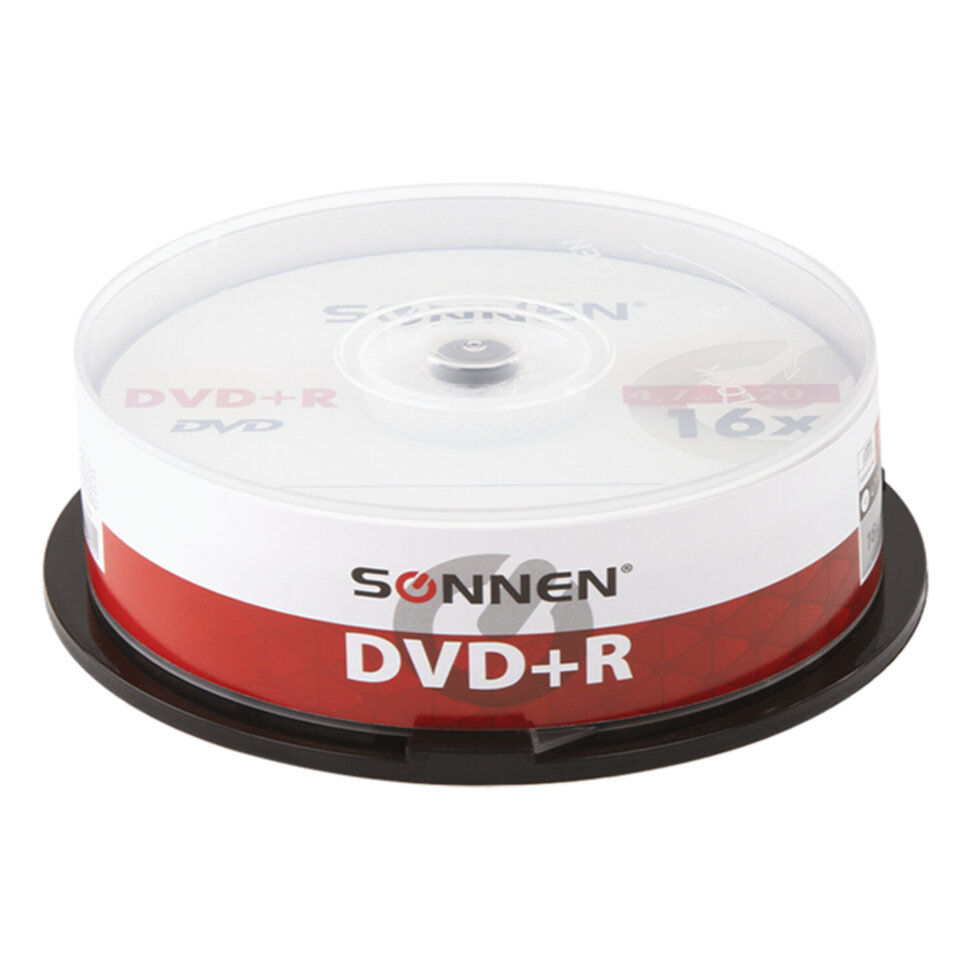 Диски DVD+R SONNEN, 4,7 Gb, 16x, Cake Box (упаковка на шпиле), КОМПЛЕКТ 25 шт., 513532, 513532