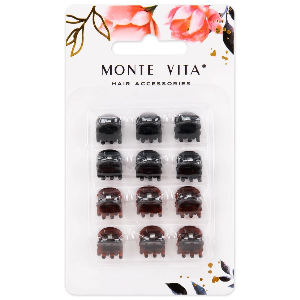 Крабы для волос НАБОР 12 шт., 0,8 см, черный, коричневый MONTE VITA (МОНТЕ ВИТА), 457026, 12 штук, 457026