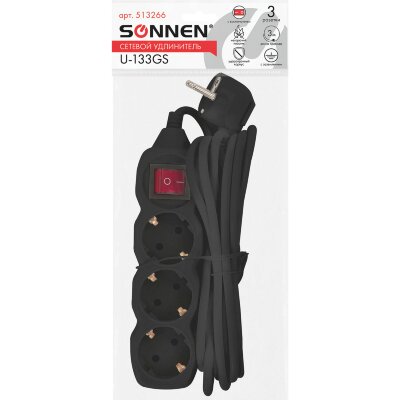 Удлинитель сетевой SONNEN U-133GS, 3 розетки, c заземлением, выключатель, 10 А, 3 м, черный, 513266, 513266
