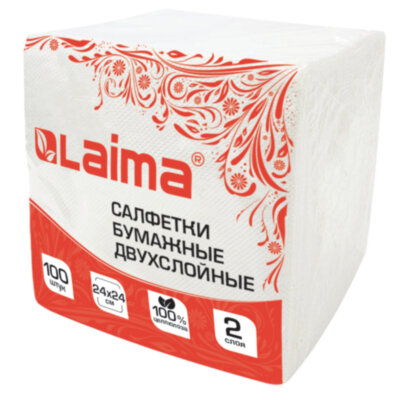 Салфетки бумажные 100 штук, 2-слойные, 24х24 см, LAIMA, белые, 100% целлюлоза, 118715, 118715