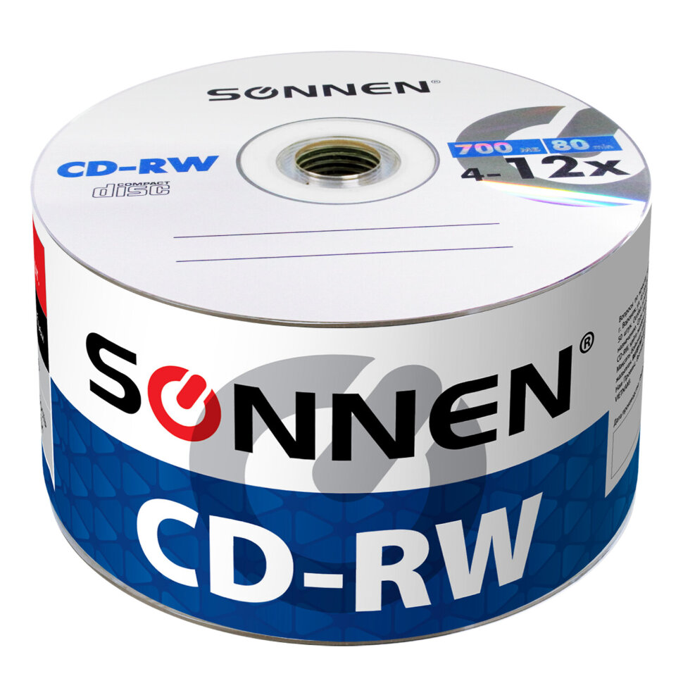 Диски CD-RW SONNEN 700 Mb 4-12x Bulk (термоусадка без шпиля), КОМПЛЕКТ 50 шт., 512578, 512578