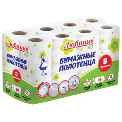 Полотенца бумажные 2-слойные, спайка 8 рулонов (8х13 м), ЛЮБАША ECO, 114743, 114743