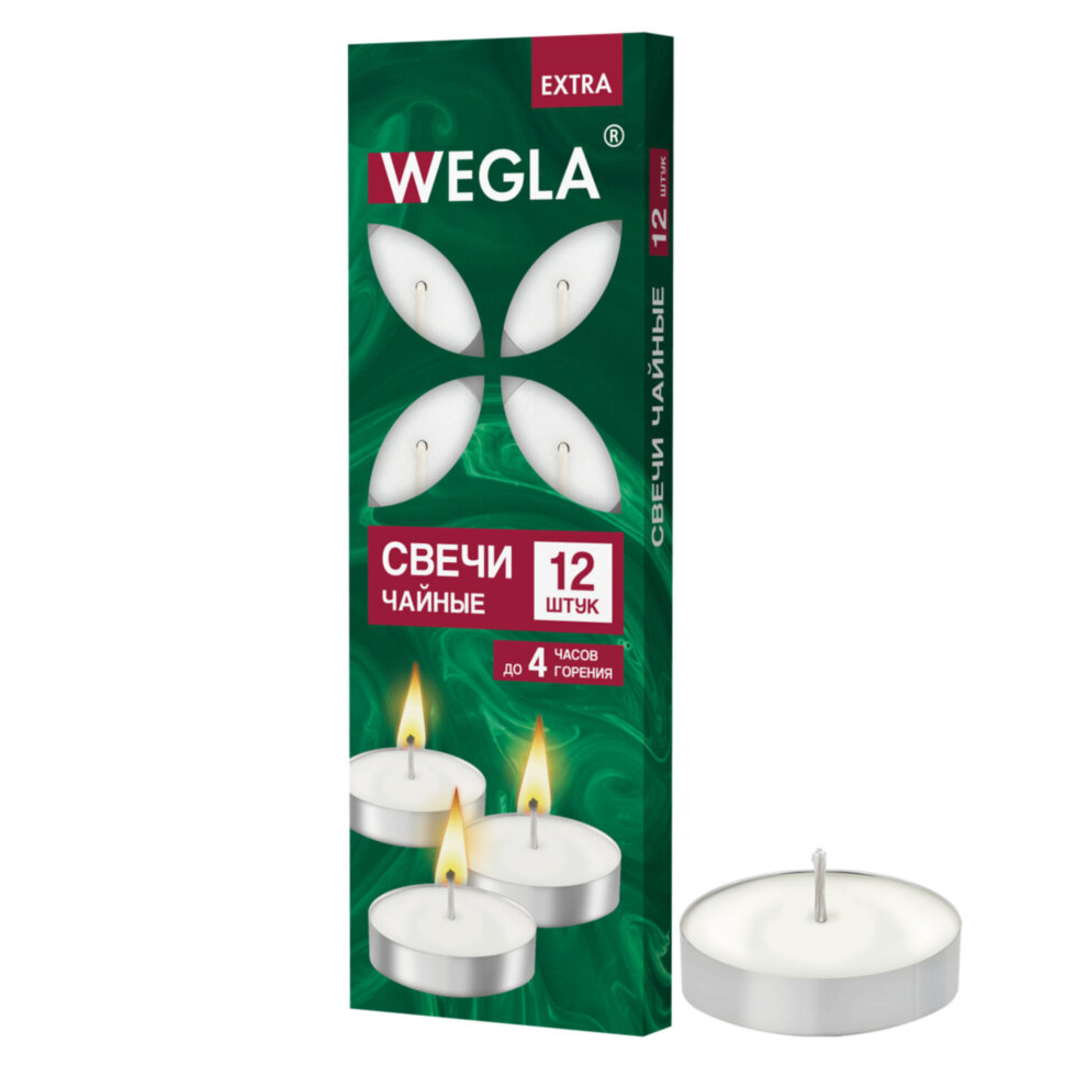 Свечи чайные литые в гильзе WEGLA (ВЕГЛА) EXTRA, до 4 часов горения, вес 10 грамм, КОМПЛЕКТ 12 штук, 702569, 702569