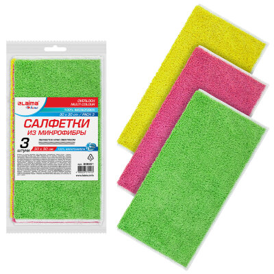 Салфетки из МИКРОФИБРЫ 30х30 см, КОМПЛЕКТ 3 шт., OVERLOCK MULTI COLOUR, 220 г/м2, LAIMA HOME, 608221, 608221